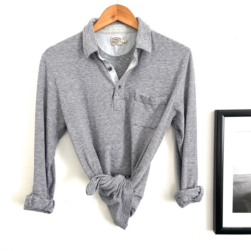 Faherty Long Sleeve Blue and Beige Striped Polo Shirt